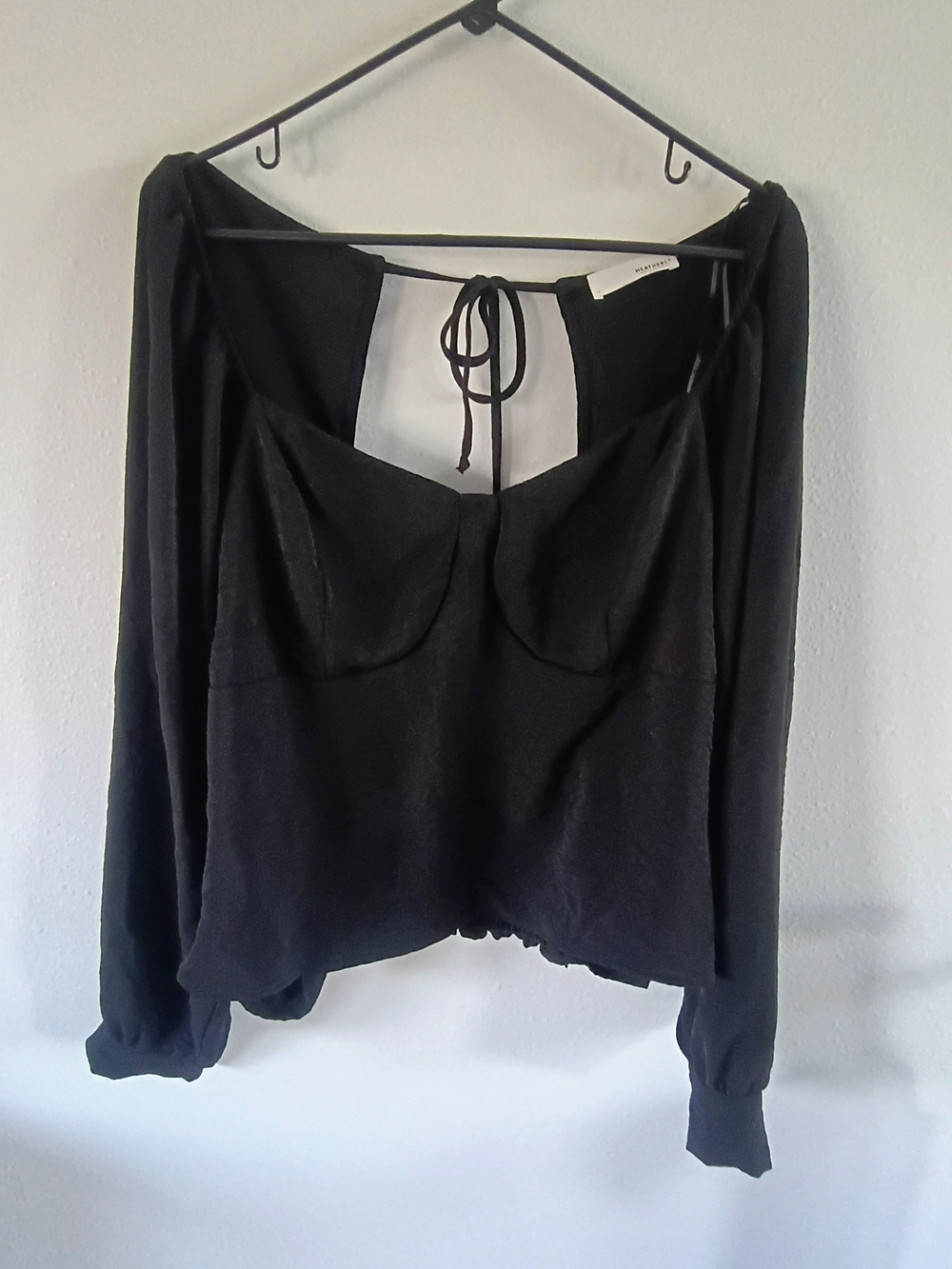 Heatherly Black Puff Sleeve Corset Style Satin Look Cottagecore Blouse Top